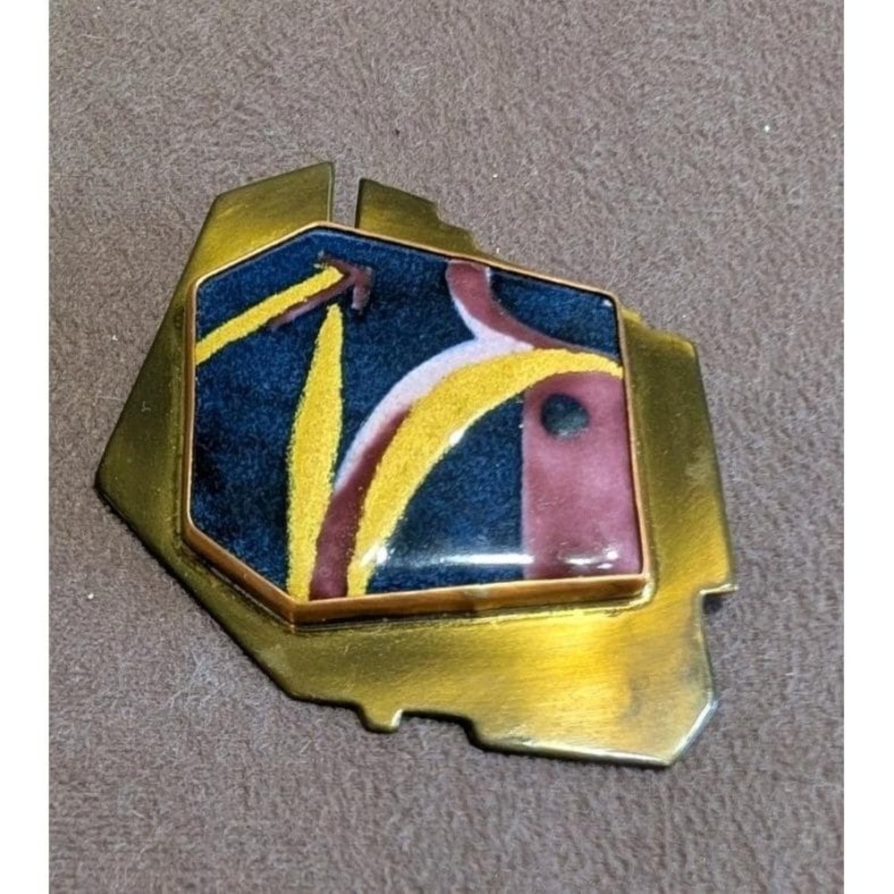 One of a Kind Enamel on Copper Brooch Modernist Studio Art Jewelry SJ Signed